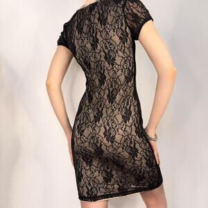 Black Lace Nude Lined Bodycon Mini Dress XS